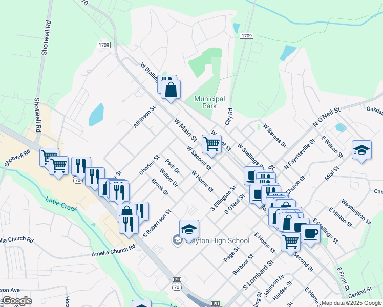 map of restaurants, bars, coffee shops, grocery stores, and more near 501 West 2nd Street in Clayton