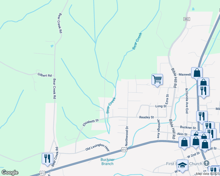 map of restaurants, bars, coffee shops, grocery stores, and more near 252 Berrywood Lane in Parsons