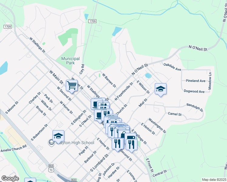 map of restaurants, bars, coffee shops, grocery stores, and more near 424 North O'Neil Street in Clayton