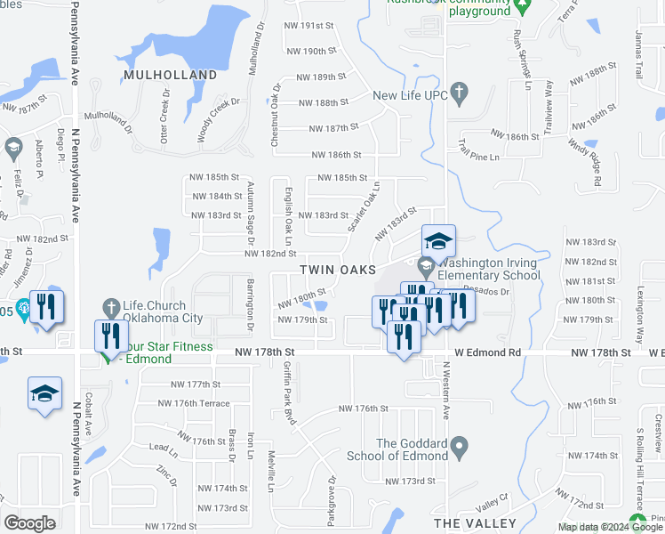 map of restaurants, bars, coffee shops, grocery stores, and more near 1405 Northwest 181st Street in Edmond