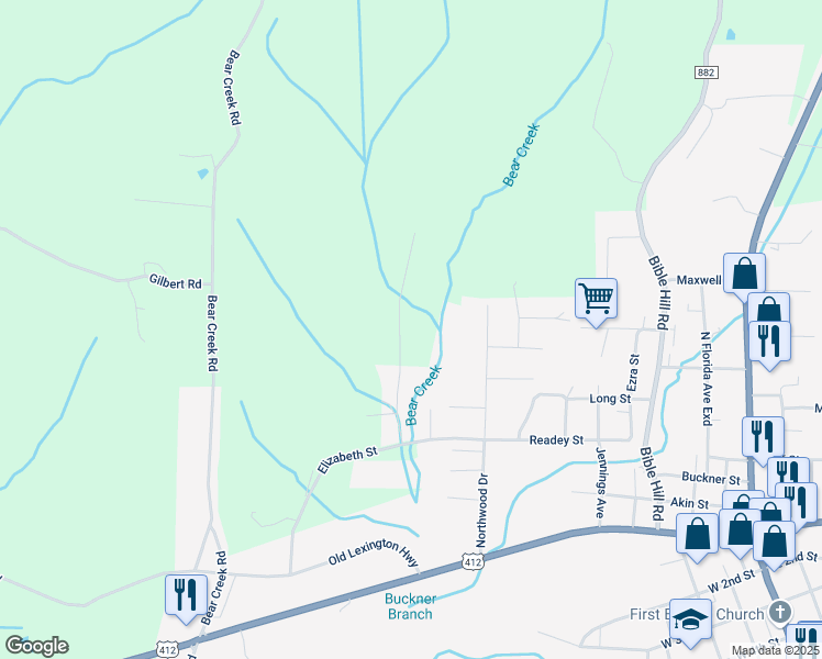 map of restaurants, bars, coffee shops, grocery stores, and more near 252 Berrywood Lane in Parsons