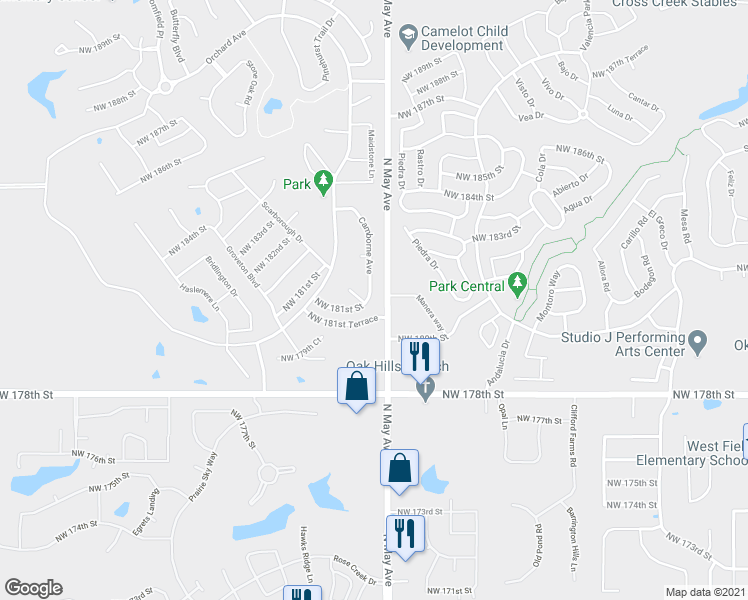 map of restaurants, bars, coffee shops, grocery stores, and more near 18208 Camborne Avenue in Edmond