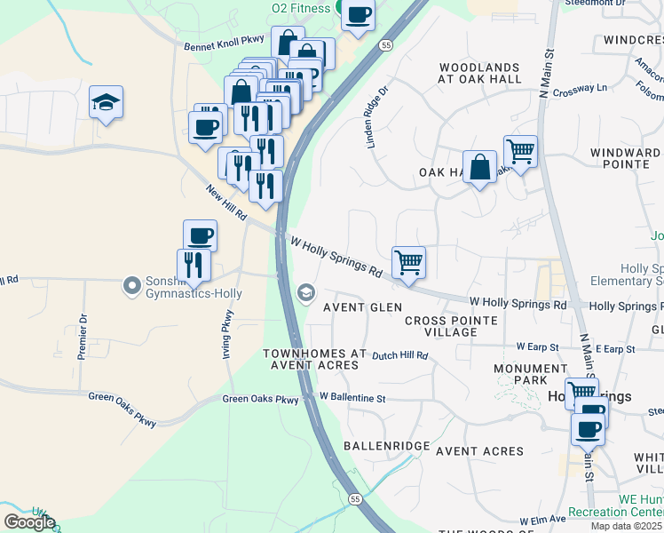 map of restaurants, bars, coffee shops, grocery stores, and more near 767 W Holly Springs Rd in Holly Springs