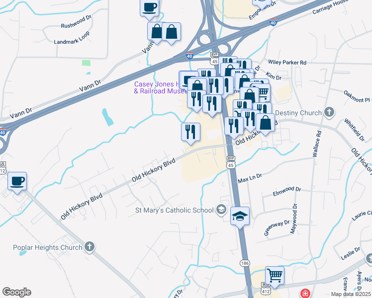 map of restaurants, bars, coffee shops, grocery stores, and more near 749 Old Hickory Blvd in Jackson