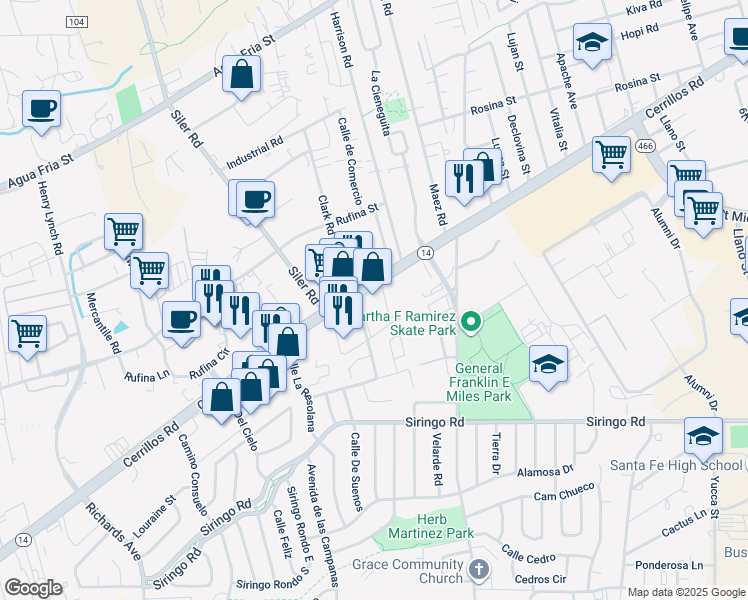 map of restaurants, bars, coffee shops, grocery stores, and more near 2820 Cerrillos Road in Santa Fe