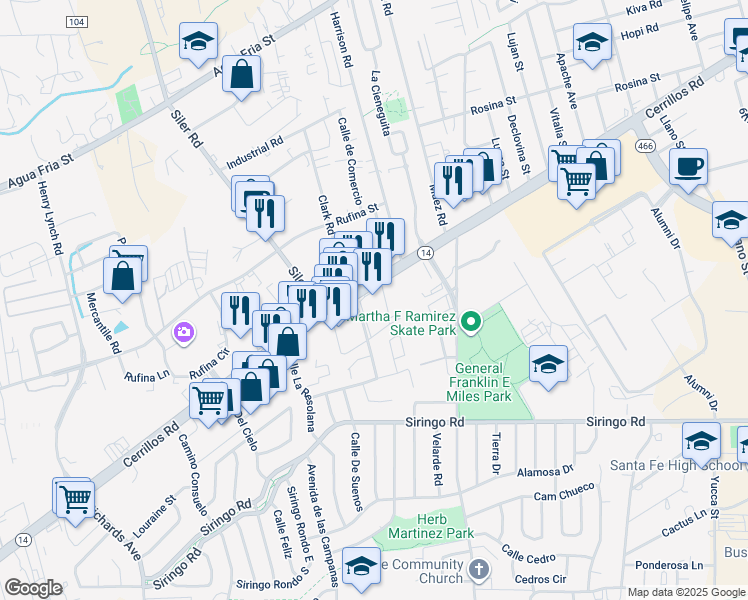 map of restaurants, bars, coffee shops, grocery stores, and more near 2820 Cerrillos Road in Santa Fe