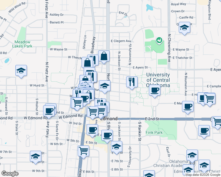 map of restaurants, bars, coffee shops, grocery stores, and more near 209 East Hurd Street in Edmond