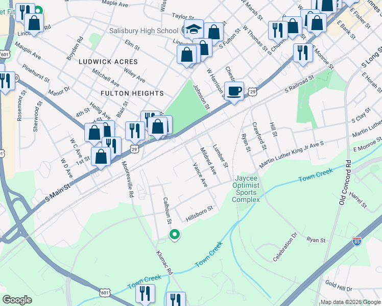 map of restaurants, bars, coffee shops, grocery stores, and more near 1216 Bell Street in Salisbury