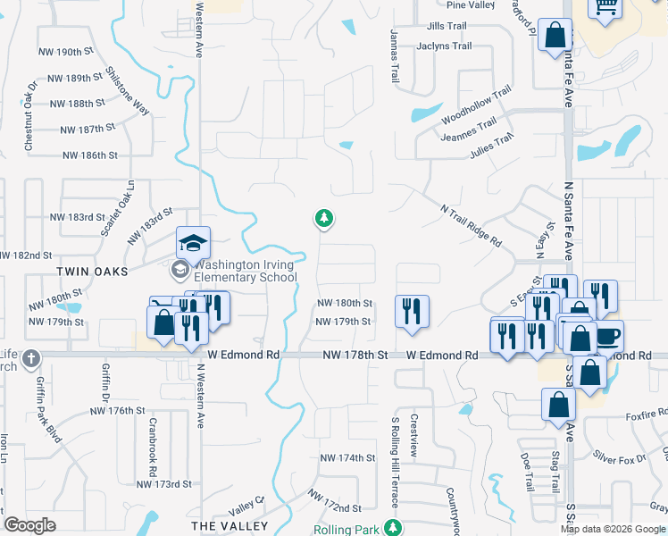 map of restaurants, bars, coffee shops, grocery stores, and more near 625 Northwest 182nd Street in Edmond
