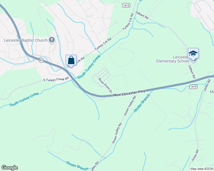 map of restaurants, bars, coffee shops, grocery stores, and more near 92 Rose Creek Road in Leicester