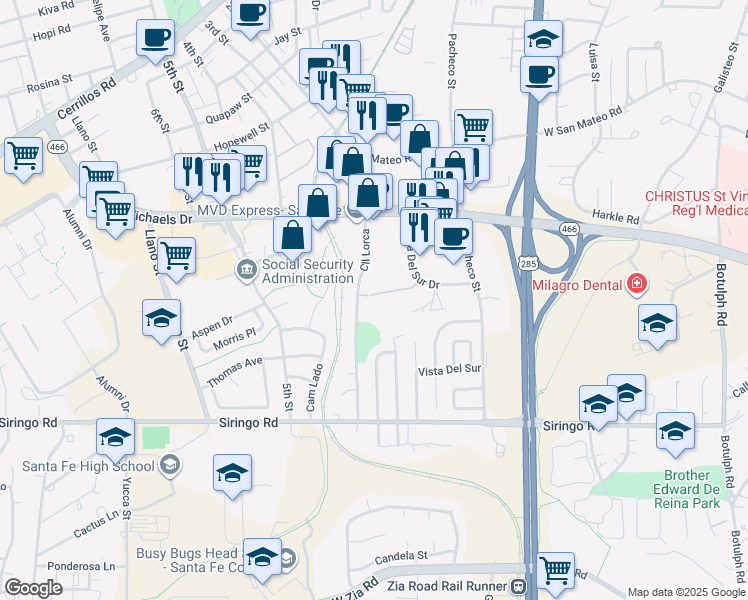 map of restaurants, bars, coffee shops, grocery stores, and more near 2043 Calle Lorca in Santa Fe