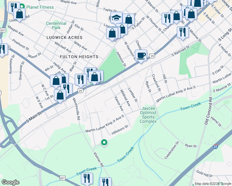 map of restaurants, bars, coffee shops, grocery stores, and more near 1216 Bell Street in Salisbury