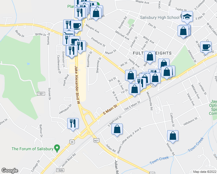 map of restaurants, bars, coffee shops, grocery stores, and more near 307 D Avenue in Salisbury