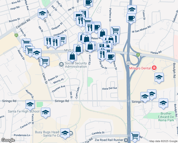 map of restaurants, bars, coffee shops, grocery stores, and more near 2043 Calle Lorca in Santa Fe
