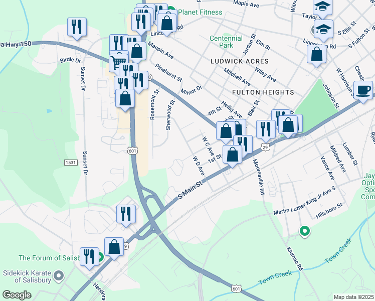 map of restaurants, bars, coffee shops, grocery stores, and more near 307 D Avenue in Salisbury