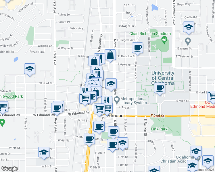 map of restaurants, bars, coffee shops, grocery stores, and more near 101 East Hurd Street in Edmond