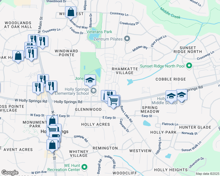 map of restaurants, bars, coffee shops, grocery stores, and more near 208 Jones Hill Rd in Holly Springs