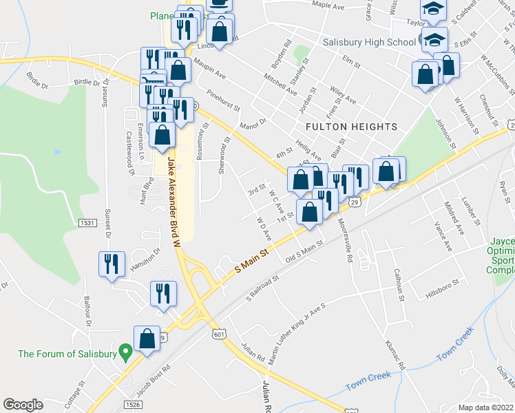 map of restaurants, bars, coffee shops, grocery stores, and more near 302 West D Avenue in Salisbury