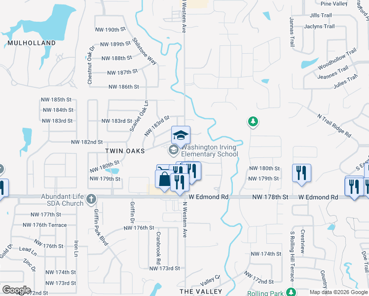 map of restaurants, bars, coffee shops, grocery stores, and more near 18101 North Western Avenue in Edmond