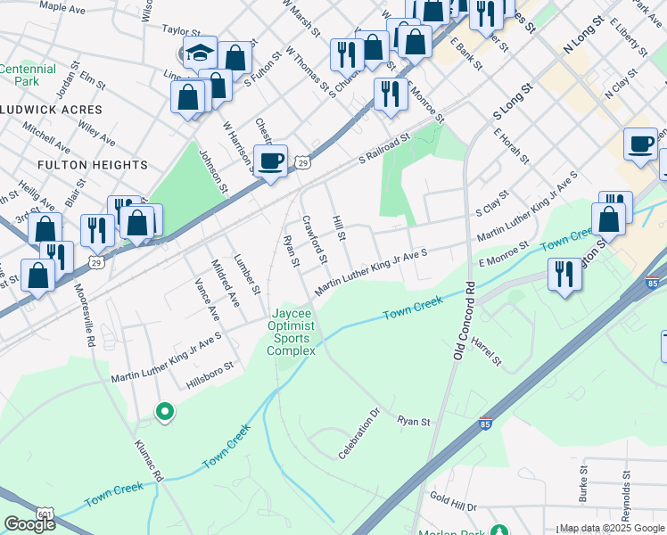 map of restaurants, bars, coffee shops, grocery stores, and more near 132 Crawford Street in Salisbury