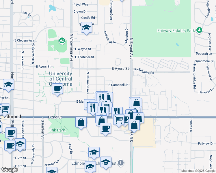 map of restaurants, bars, coffee shops, grocery stores, and more near 1216 East Campbell Street in Edmond