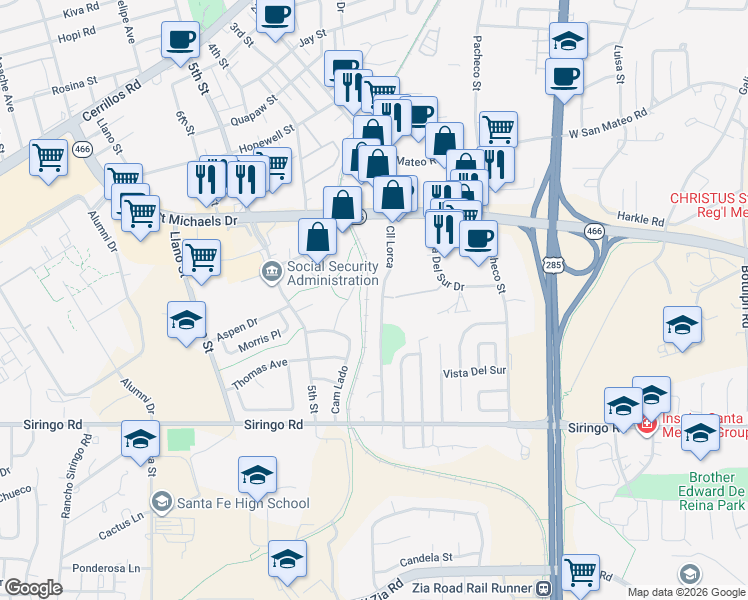 map of restaurants, bars, coffee shops, grocery stores, and more near 2044 Calle Lorca in Santa Fe