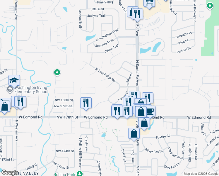 map of restaurants, bars, coffee shops, grocery stores, and more near 2612 Lost Trail Road in Edmond