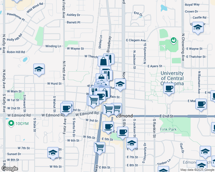 map of restaurants, bars, coffee shops, grocery stores, and more near 106 East Hurd Street in Edmond