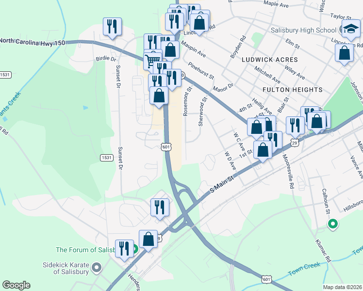 map of restaurants, bars, coffee shops, grocery stores, and more near 2002 Rosemont Street in Salisbury