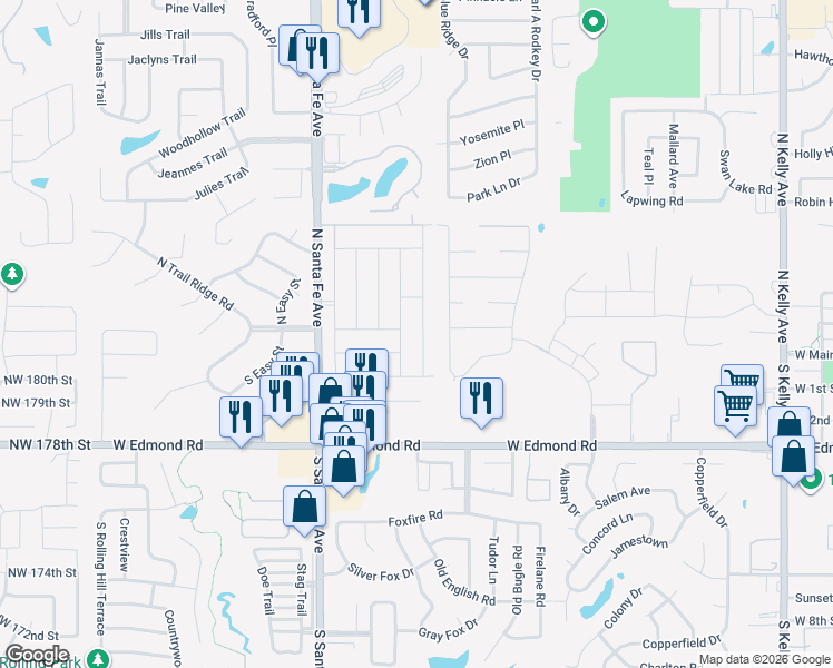 map of restaurants, bars, coffee shops, grocery stores, and more near 18 Grand Fork Road in Edmond