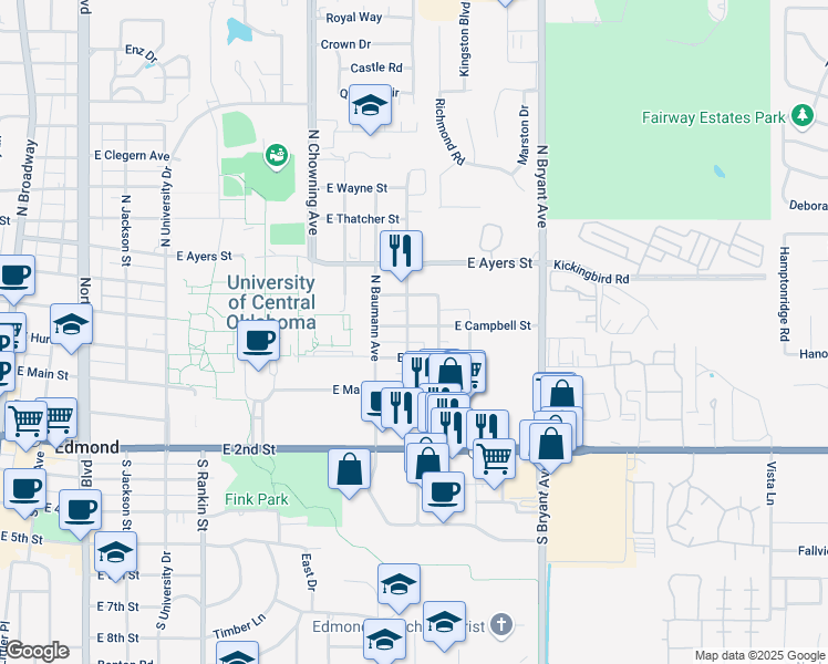 map of restaurants, bars, coffee shops, grocery stores, and more near 122 North Blackwelder Avenue in Edmond