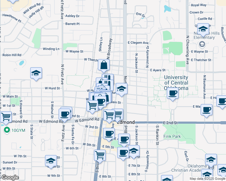 map of restaurants, bars, coffee shops, grocery stores, and more near 21 East Hurd Street in Edmond