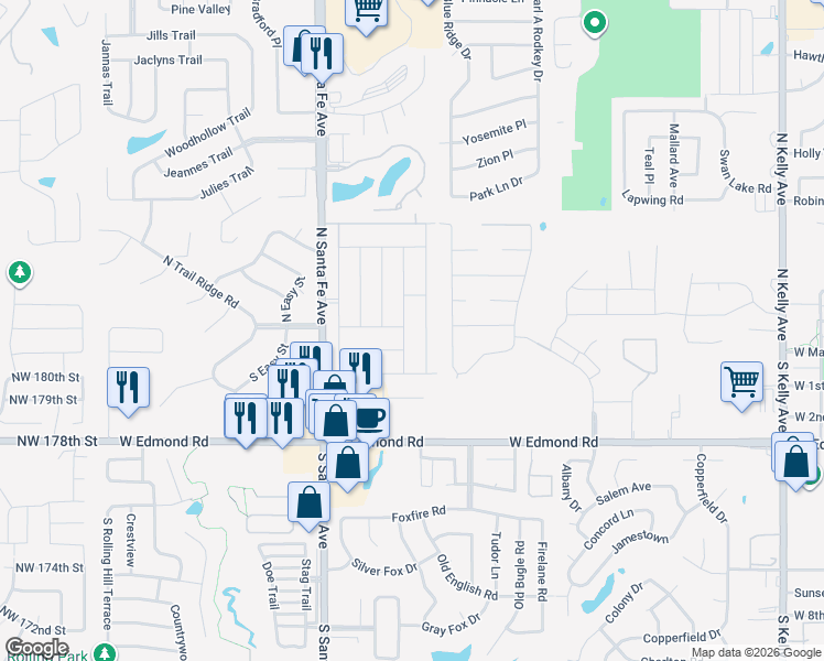 map of restaurants, bars, coffee shops, grocery stores, and more near 18 Grand Fork Road in Edmond