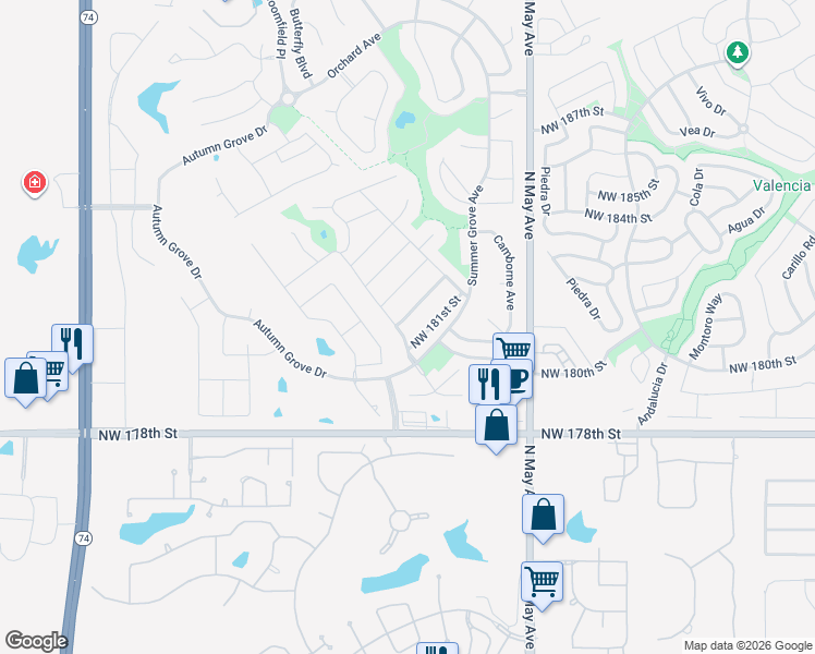 map of restaurants, bars, coffee shops, grocery stores, and more near 3052 Northwest 182nd Terrace in Edmond