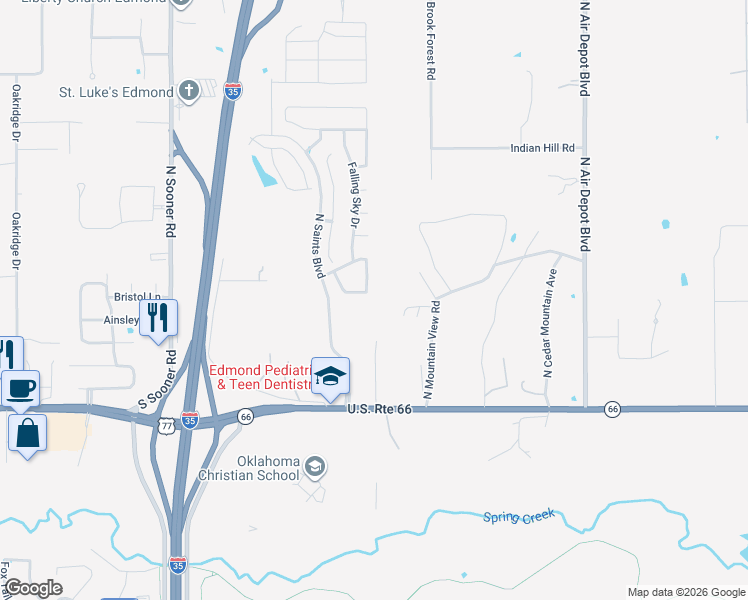 map of restaurants, bars, coffee shops, grocery stores, and more near 200 Nature Lane in Edmond