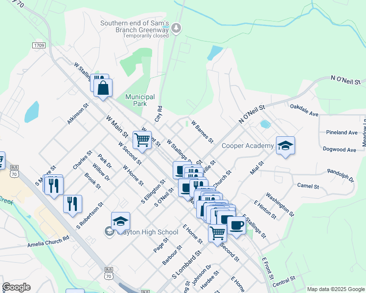 map of restaurants, bars, coffee shops, grocery stores, and more near 325 West Whitaker Street in Clayton