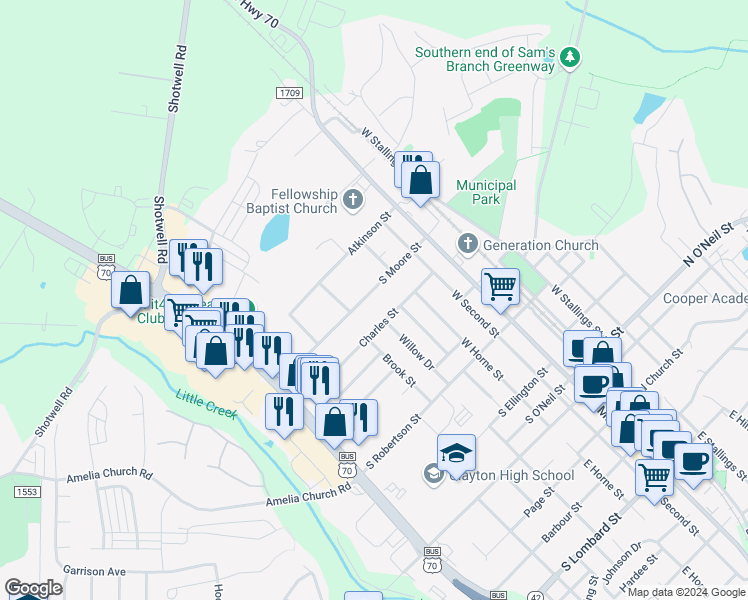 map of restaurants, bars, coffee shops, grocery stores, and more near 320 South Moore Street in Clayton