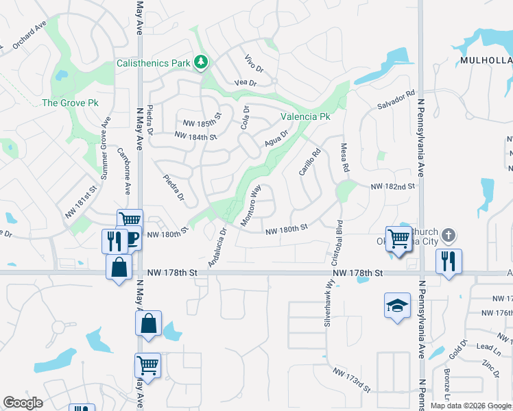 map of restaurants, bars, coffee shops, grocery stores, and more near 2520 Northwest 182nd Street in Edmond