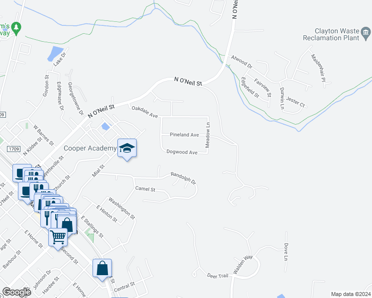 map of restaurants, bars, coffee shops, grocery stores, and more near 226 Dogwood Avenue in Clayton