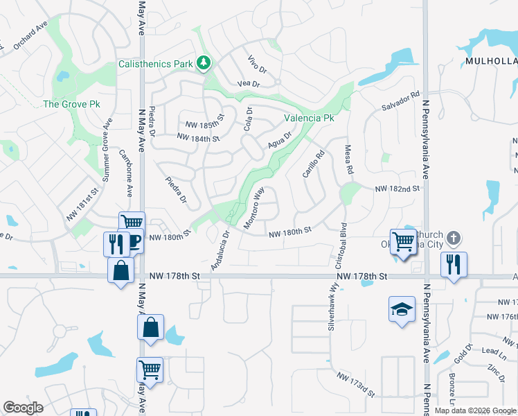 map of restaurants, bars, coffee shops, grocery stores, and more near 2520 Northwest 182nd Street in Edmond
