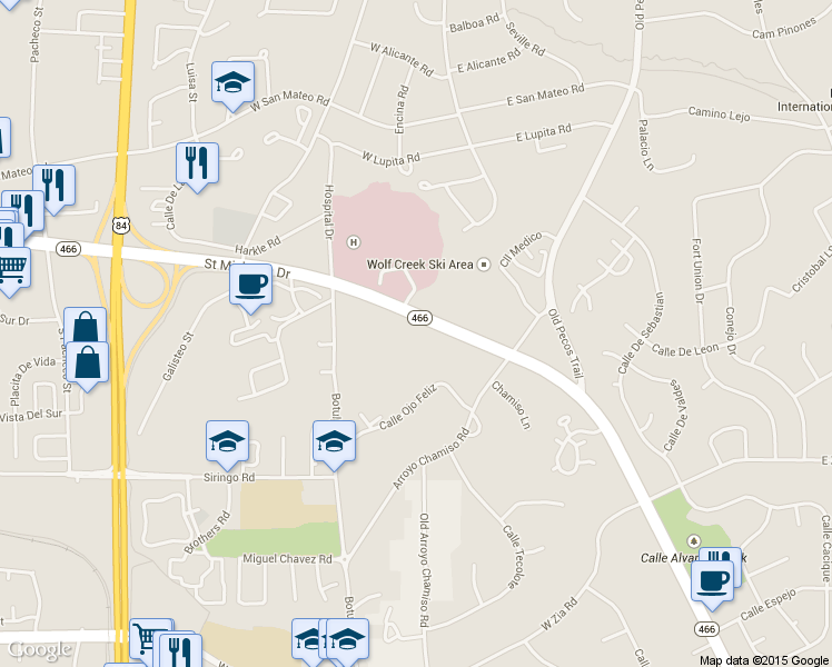 map of restaurants, bars, coffee shops, grocery stores, and more near 450 Saint Michaels Drive in Santa Fe