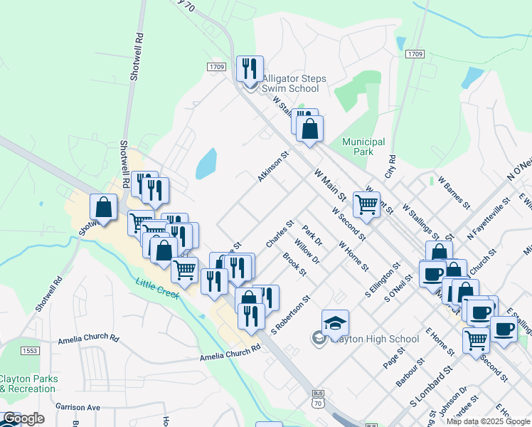 map of restaurants, bars, coffee shops, grocery stores, and more near 320 South Moore Street in Clayton