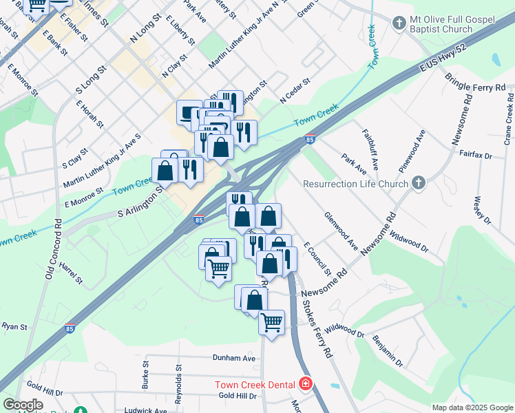 map of restaurants, bars, coffee shops, grocery stores, and more near 1200-1298 East Innes Street in Salisbury