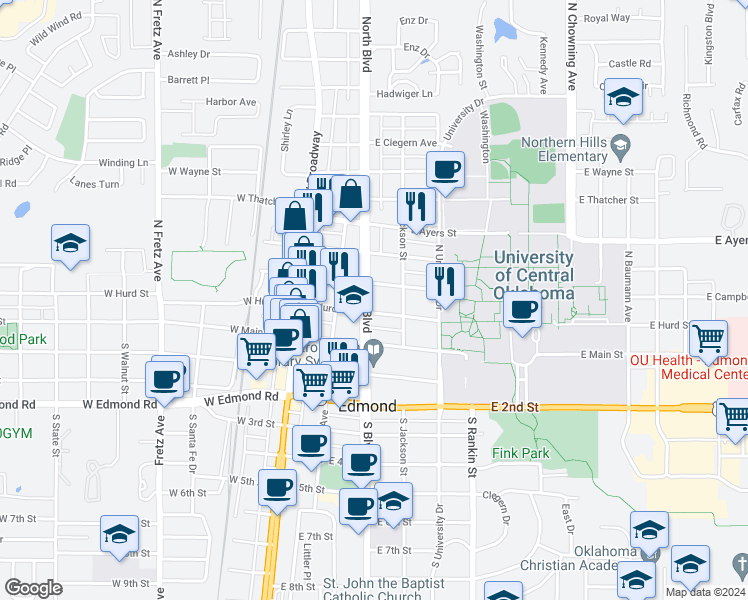 map of restaurants, bars, coffee shops, grocery stores, and more near 203 East Hurd Street in Edmond