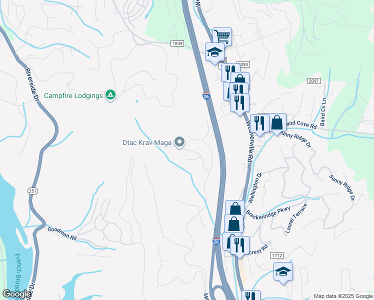 map of restaurants, bars, coffee shops, grocery stores, and more near Barebridge Hills Drive in Asheville