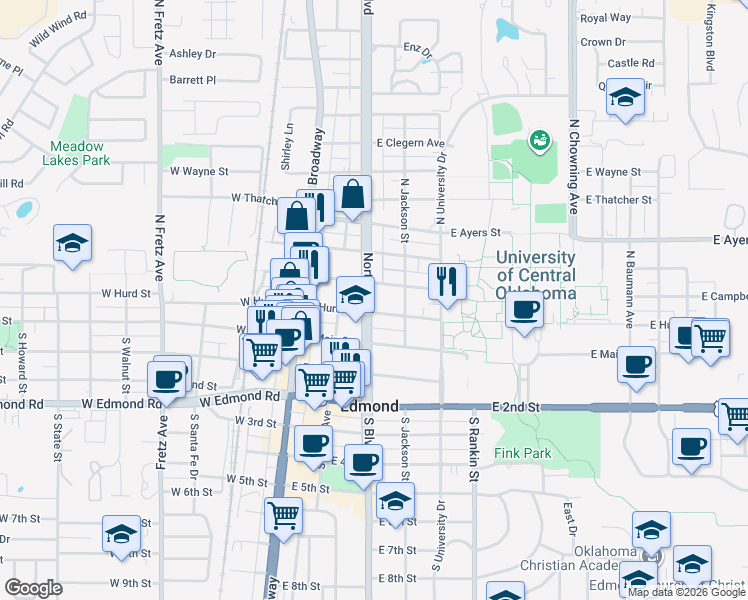 map of restaurants, bars, coffee shops, grocery stores, and more near 209 East Hurd Street in Edmond