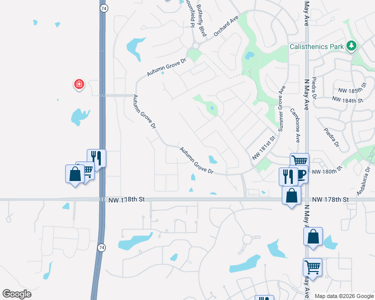 map of restaurants, bars, coffee shops, grocery stores, and more near 18220 Autumn Grove Drive in Edmond