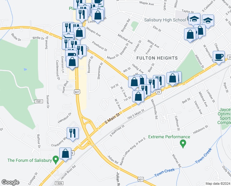map of restaurants, bars, coffee shops, grocery stores, and more near 1824 2nd Street in Salisbury
