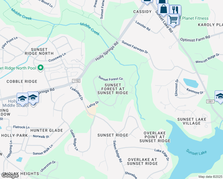 map of restaurants, bars, coffee shops, grocery stores, and more near 4717 Greenpoint Lane in Holly Springs