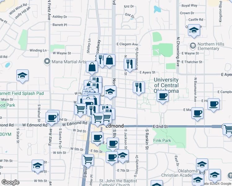 map of restaurants, bars, coffee shops, grocery stores, and more near 205 East Hurd Street in Edmond